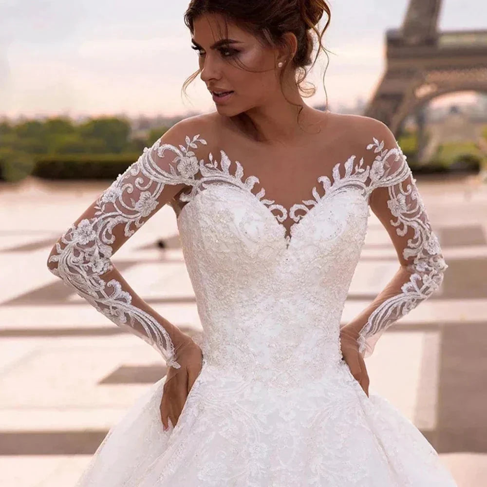 Elegant Wedding Dresses With Embroidery Princess Ball Gowns Sweetheart Full Sleeve Simplicity Back Button Vestido De Novia Robe (ZD14147)