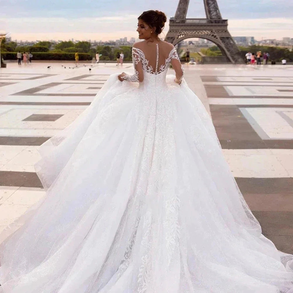 Elegant Wedding Dresses With Embroidery Princess Ball Gowns Sweetheart Full Sleeve Simplicity Back Button Vestido De Novia Robe (ZD14147)