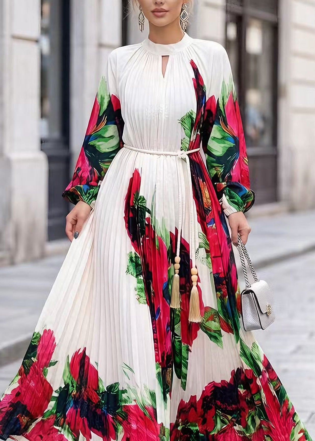 Elegant White O Neck Print Chiffon Maxi Dresses Spring