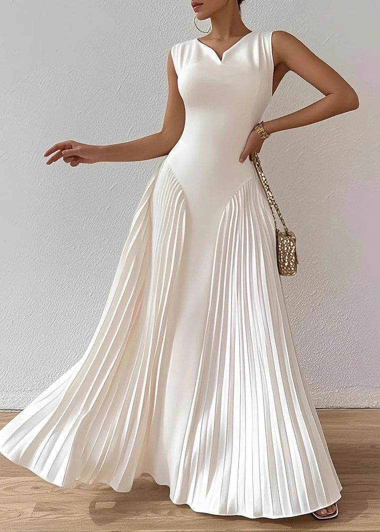 Elegant White O Neck Wrinkled Patchwork Cotton Long Dresses Sleeveless