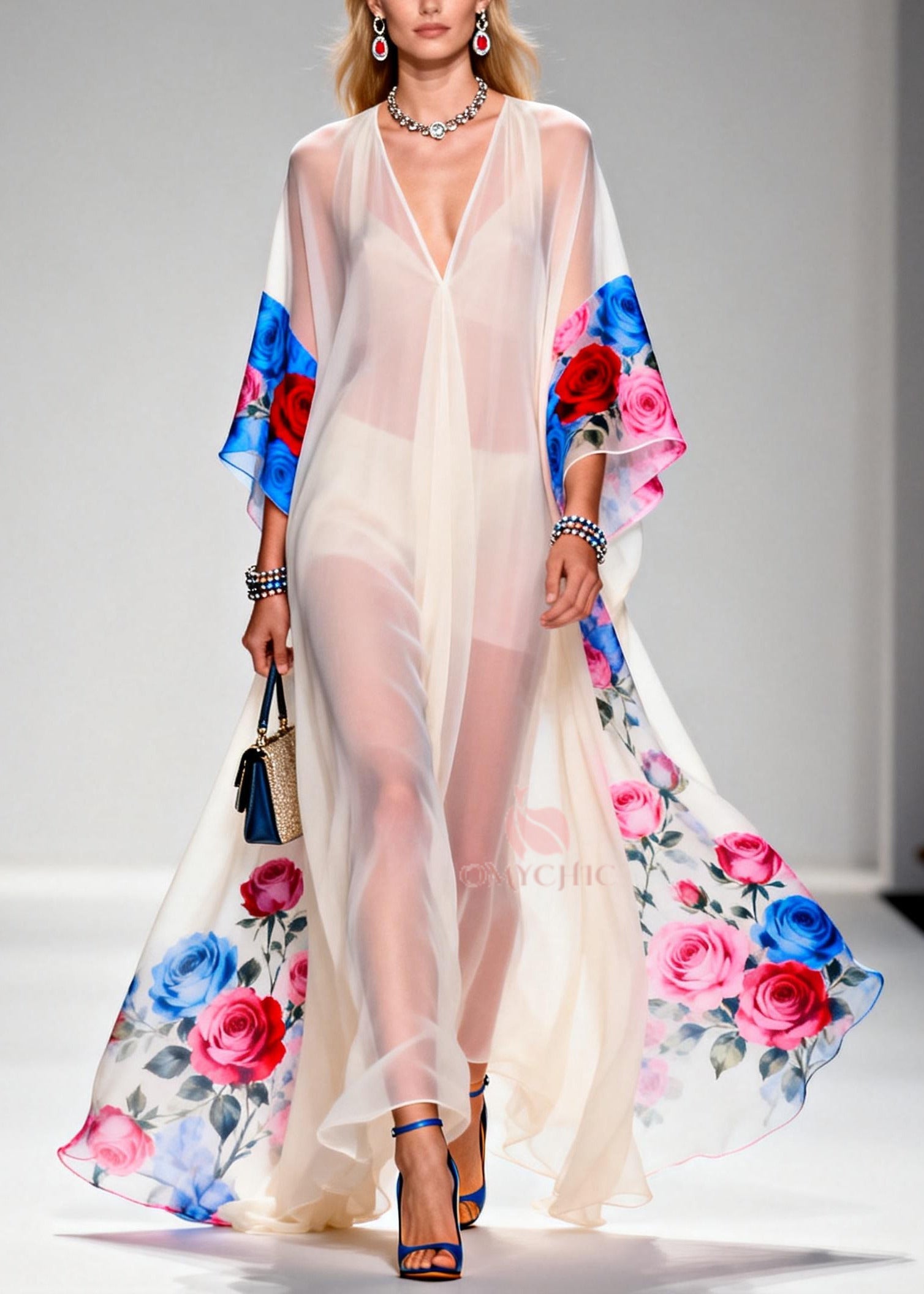 Elegant White Oversized Print Sheer Chiffon Maxi Dresses Summer