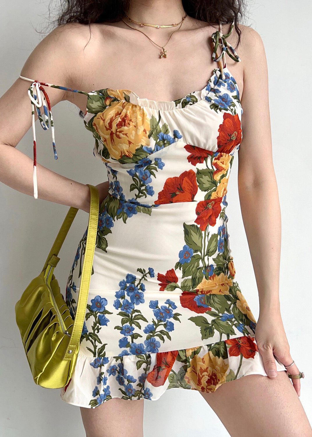 Elegant White Ruffled Floral Print Chiffon Mini Dress Summer