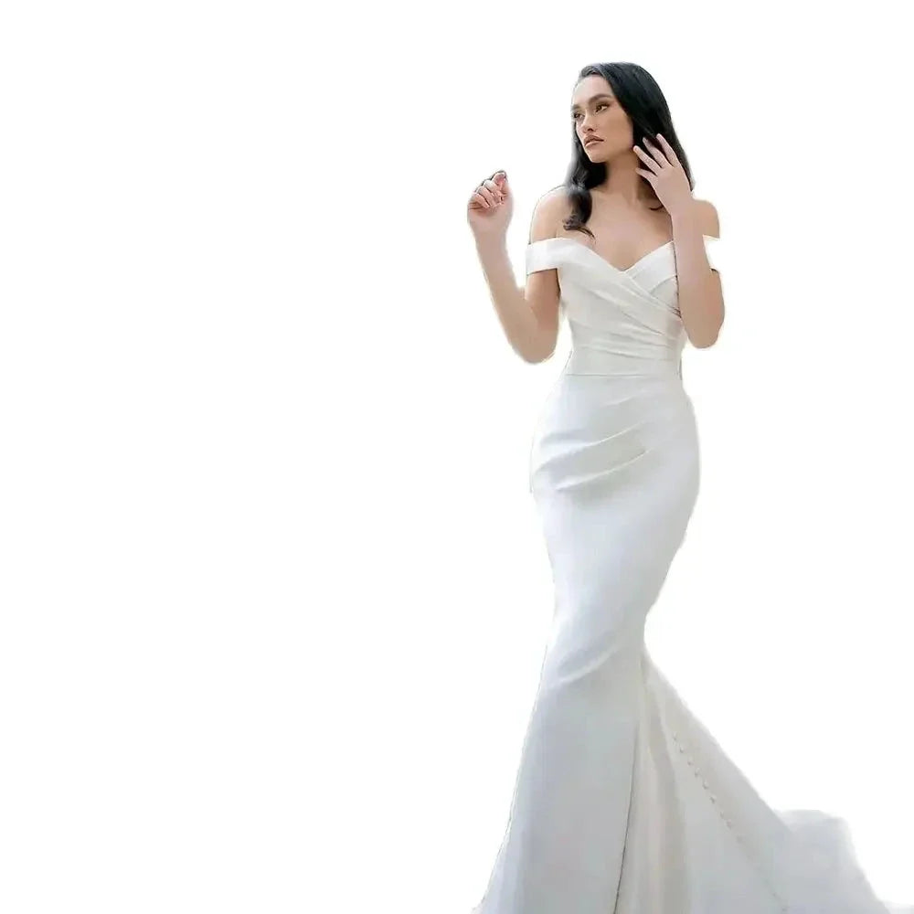 Elegant White Satin Gown with Off the Shoulder Pleated Mermaid Sweep Train Floor-Length Evening Gown for Women vestidos de novia by payinti