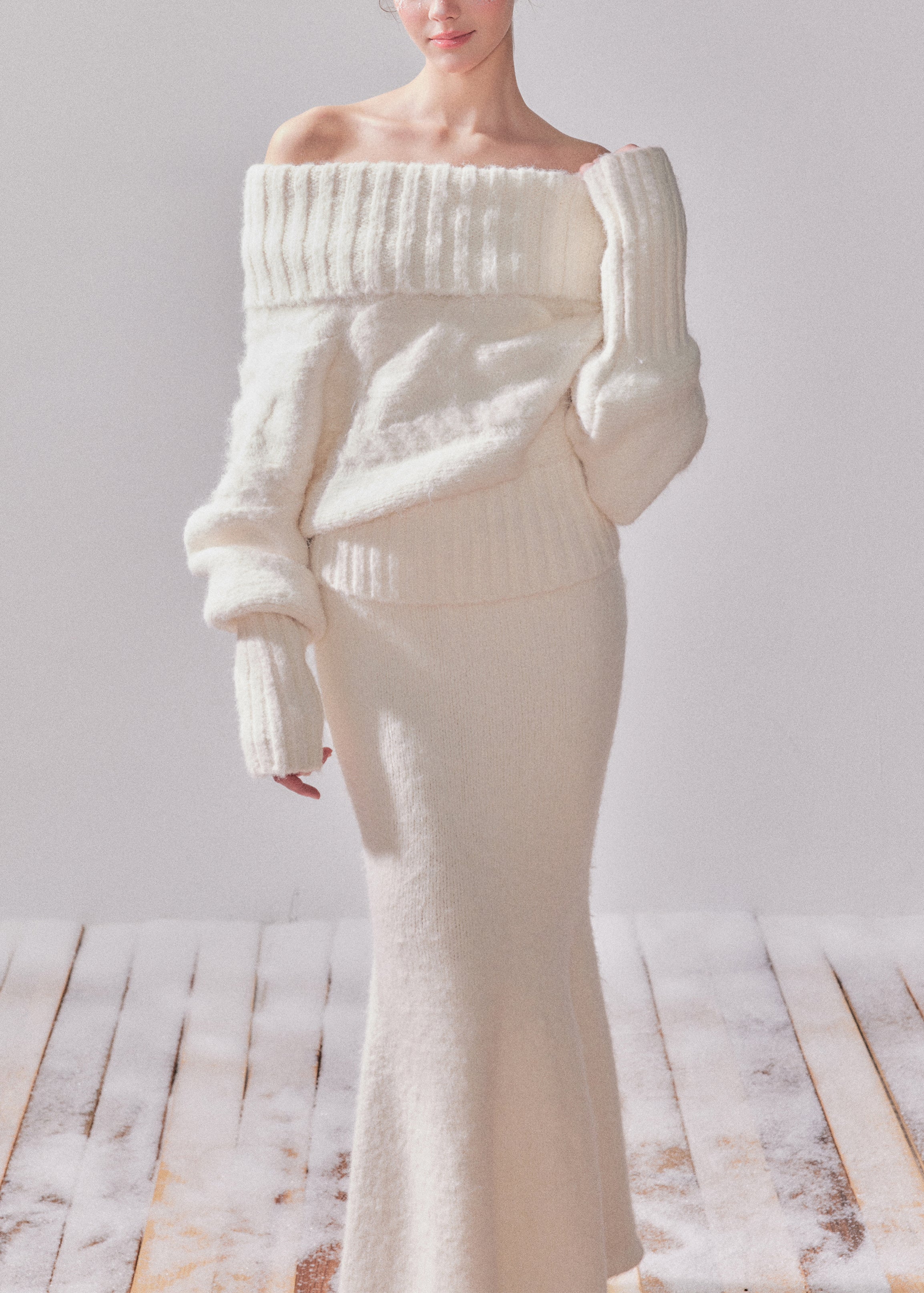 Elegant White Turtleneck Patchwork Cotton Knit Sweater And Maxi Dress Two-Piece Set Fall