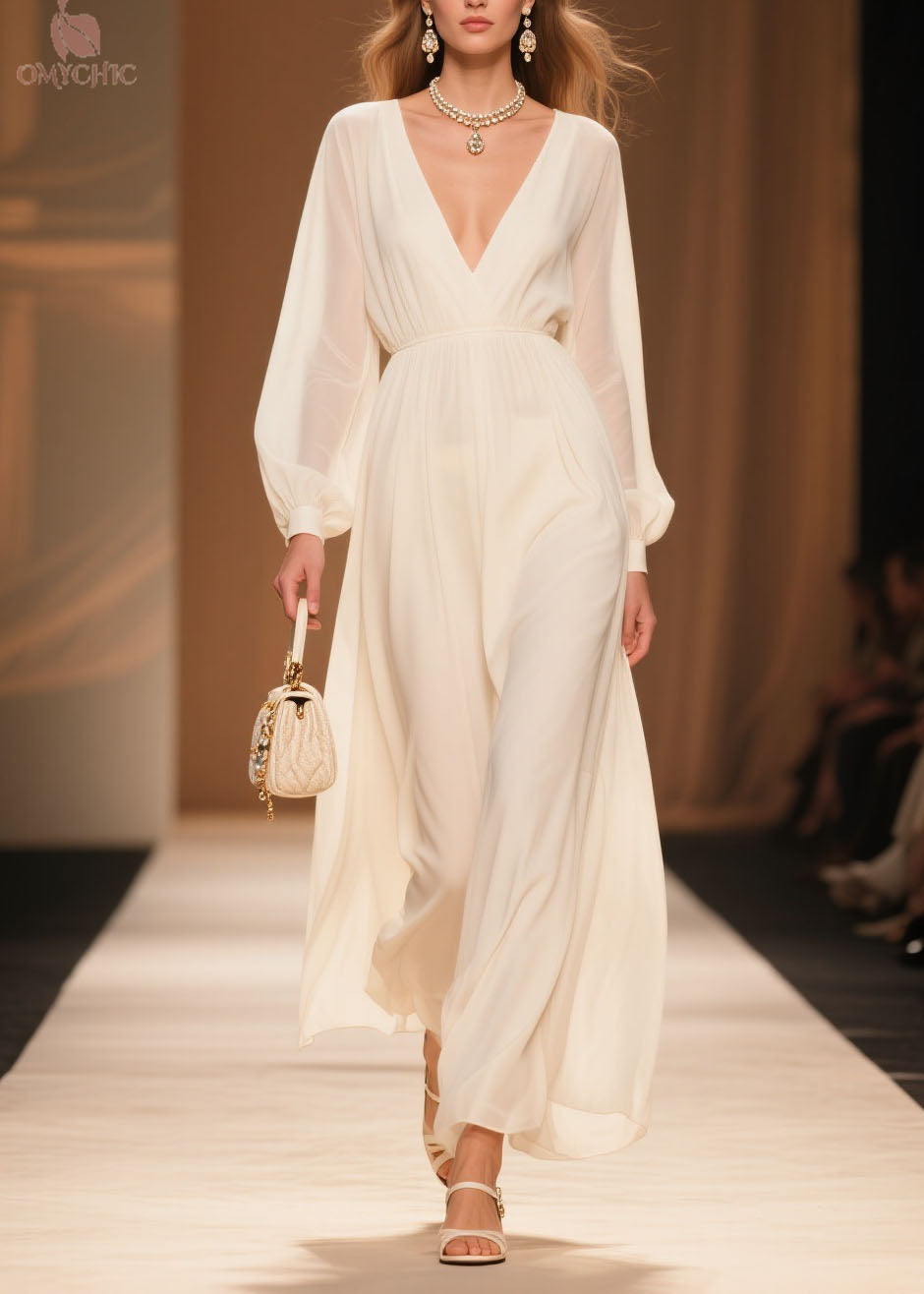 Elegant White V Neck Patchwork Chiffon Dress Spring