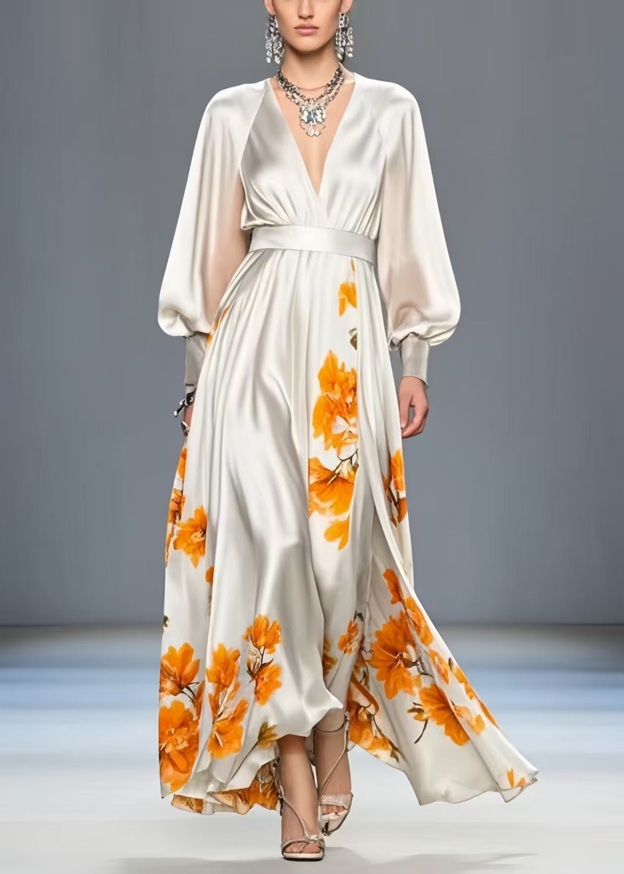 Elegant White V Neck Print Silk Cinched Dress Spring