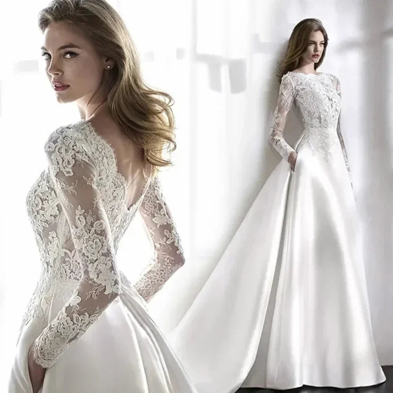 Elegant White Wedding Dress Italian Vintage Backless Applique Lace Long Sleeve Pocket Floor-Length Bridal Gown Vestidos De Novia (ZD14214)