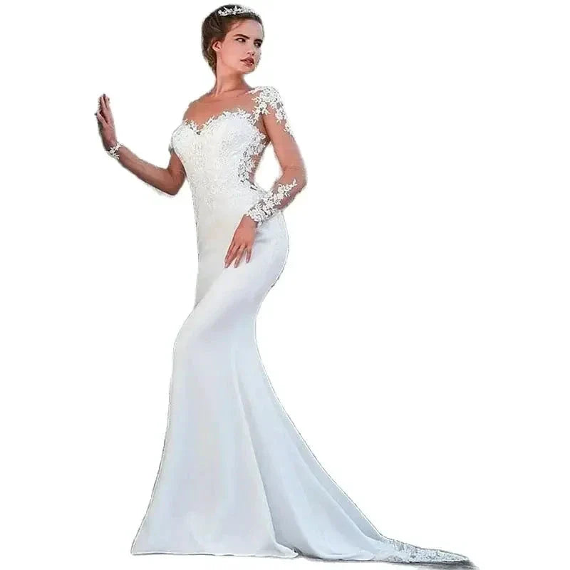 Elegant white bridal gown crew neck Long Sleeve Decal Crystal beaded floor-length long sleeve mermaid wedding dress with train by payinti