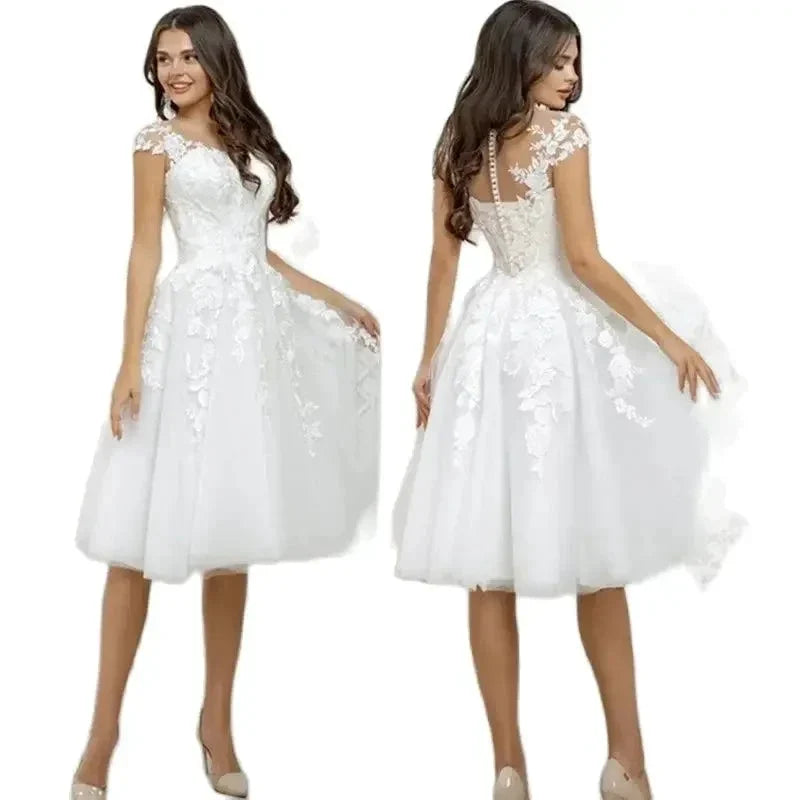Elegant white tulle applique round neck short sleeve formal dress A-line knee-length bridal wedding dress فساتين للحفلات الراقصة (ZD14212)