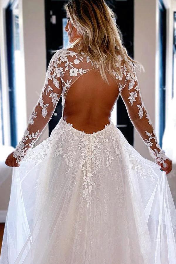 Elegant A-line V Neck Lace Long Sleeves Wedding Dresses (ZD16216) - View 4 | VelvetHem
