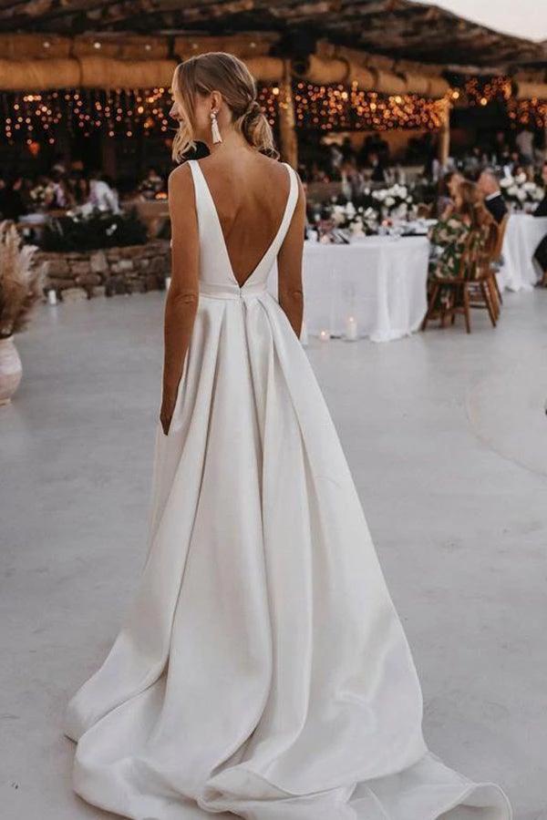 Elegant A-line Satin V-neckline Sweep Train Wedding Dresses (ZD16234)