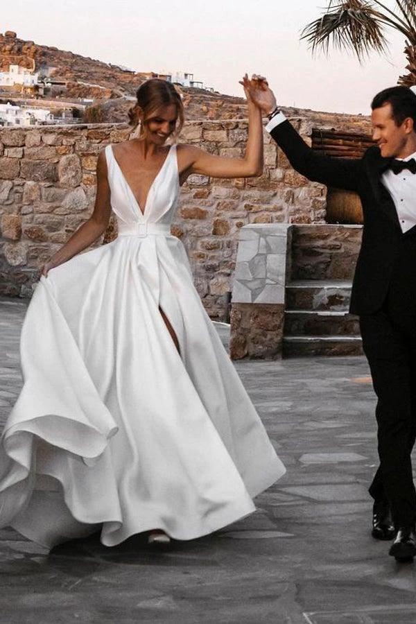 Elegant A-line Satin V-neckline Sweep Train Wedding Dresses (ZD16234)