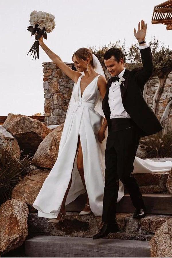 Elegant A-line Satin V-neckline Sweep Train Wedding Dresses (ZD16234)