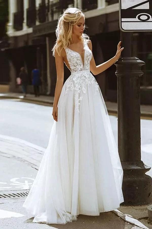 Elegant A-line V Neck Lace Beach Wedding Dresses Bridal Gown (ZD16196)