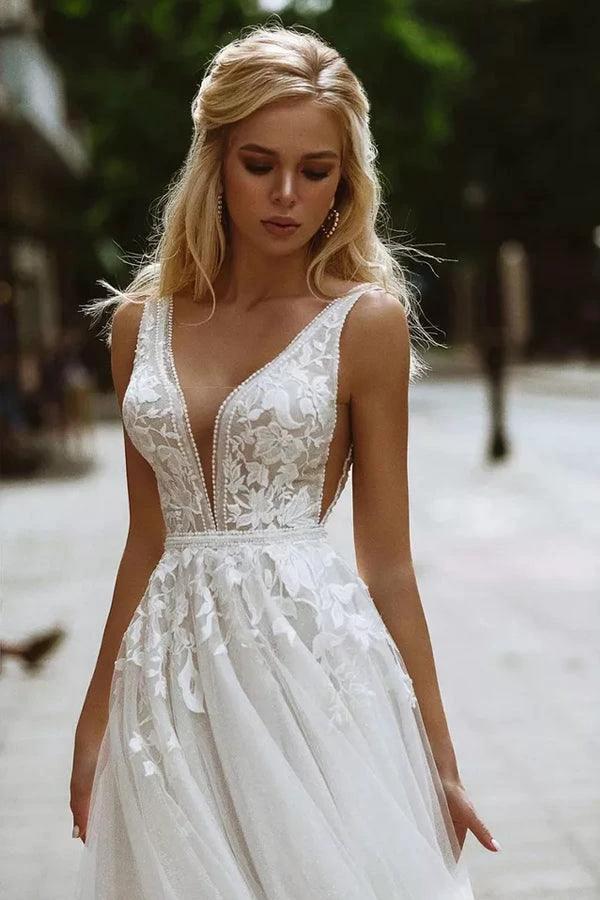 Elegant A-line V Neck Lace Beach Wedding Dresses Bridal Gown (ZD16196)