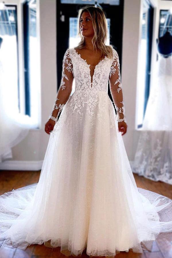 Elegant A-line V Neck Lace Long Sleeves Wedding Dresses (ZD16216) - VelvetHem