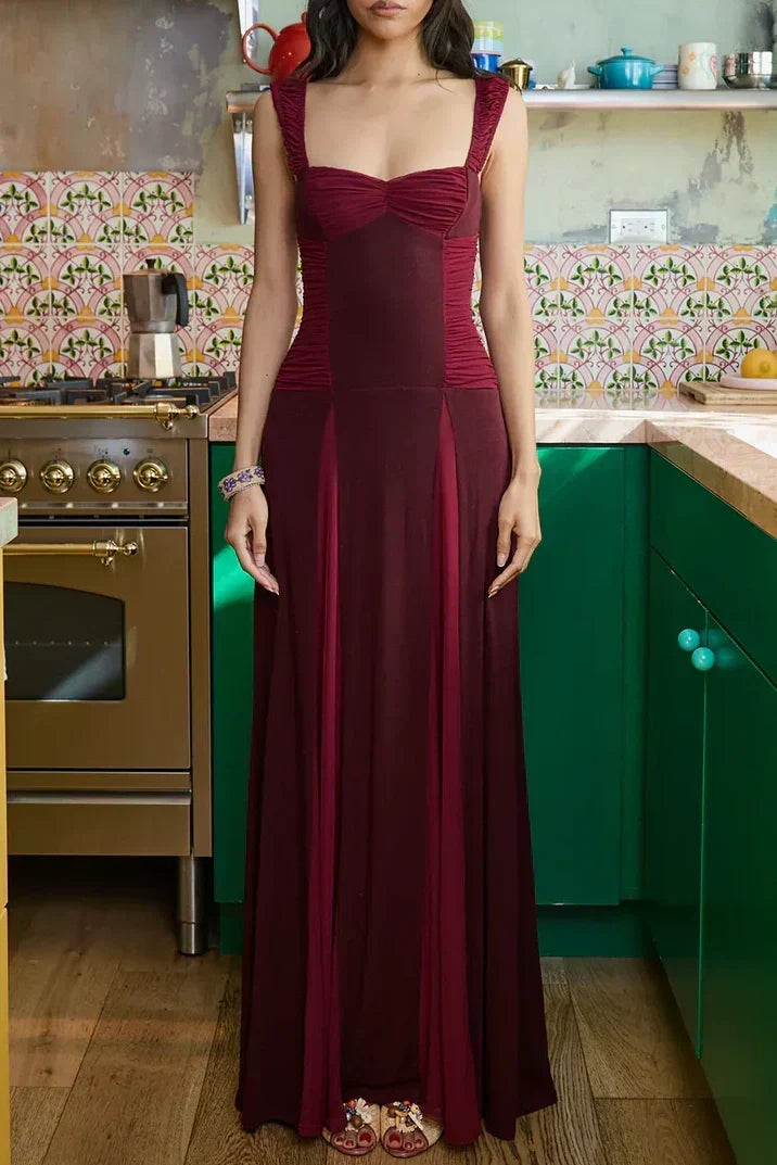 Elegant A-Line Square Neck Burgundy Long Prom Dress with Ruffles - FashionDia