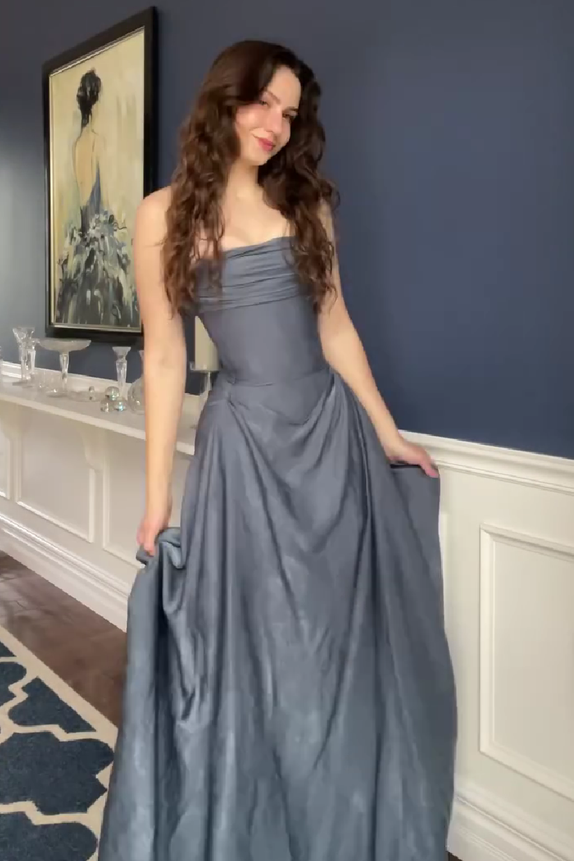 Romantic A Line Strapless Grey Blue Long Prom Dress with Ruffles