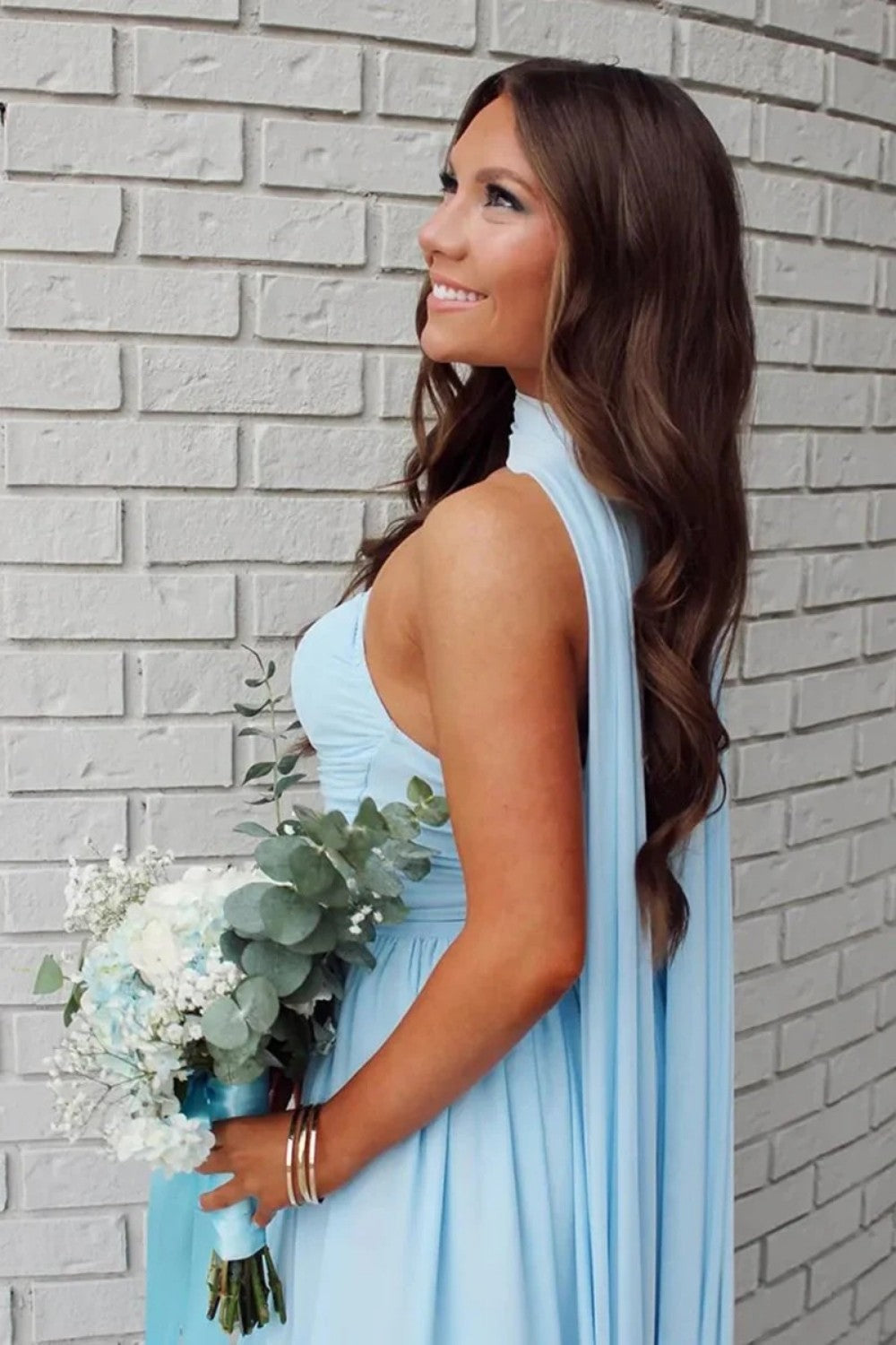 Elegant A Line Strapless Light Blue Long Prom Dress with Scarf