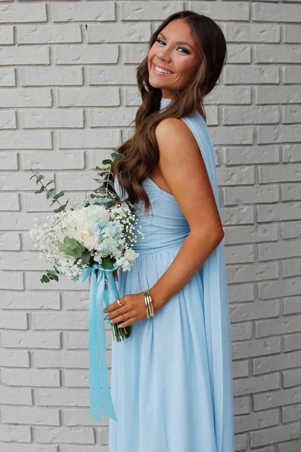 Elegant A Line Strapless Light Blue Long Prom Dress with Scarf