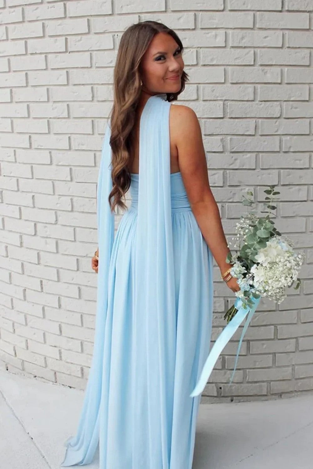 Elegant A Line Strapless Light Blue Long Prom Dress with Scarf