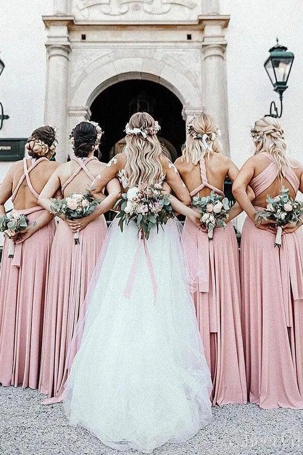 Elegant A Line V Neck Elastic Satin Pink Pleats Long Bridesmaid Dresses (ZD13257)