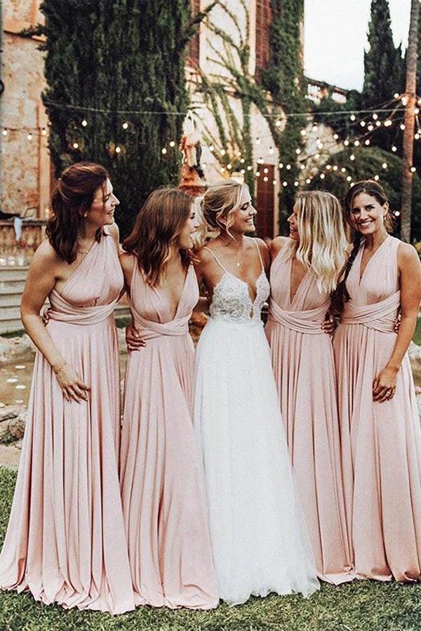 Elegant A Line V Neck Elastic Satin Pink Pleats Long Bridesmaid Dresses BD084 by pgmdress
