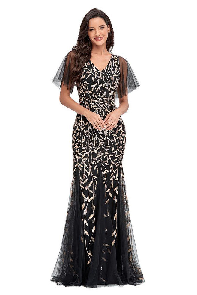 Elegant Black Embroidered Mermaid Tulle Evening Prom Dress - Fashionpara