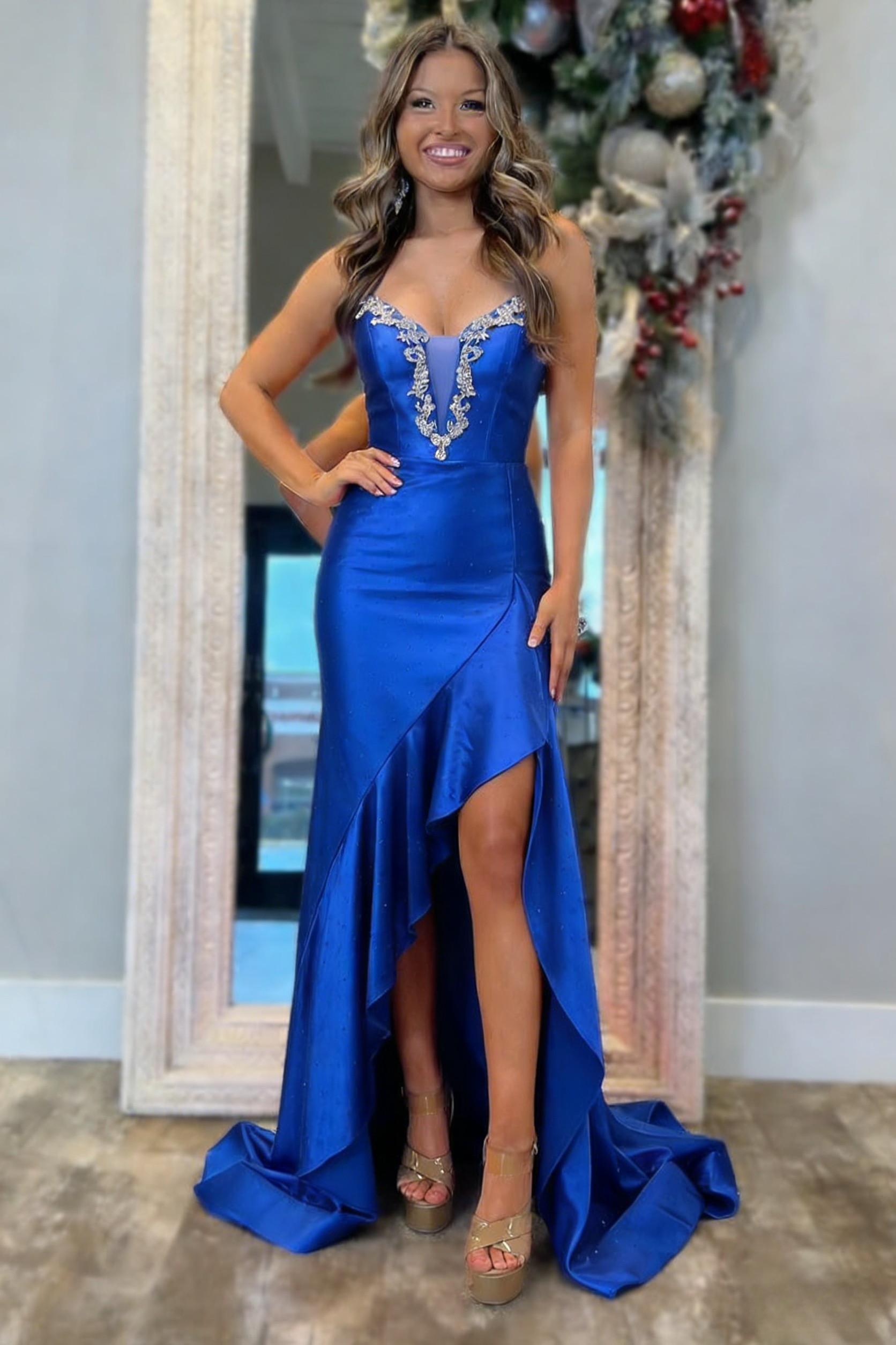 Stunning Mermaid Spaghetti Straps Royal Blue Mermaid Prom Dress with Beading