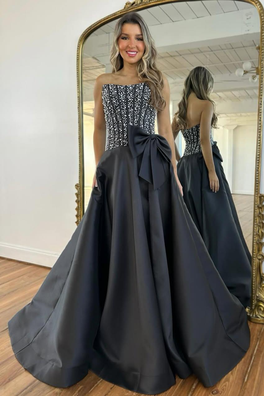 Charming A Line Strapless Yellow Satin Prom Dress with Beading Bowknot