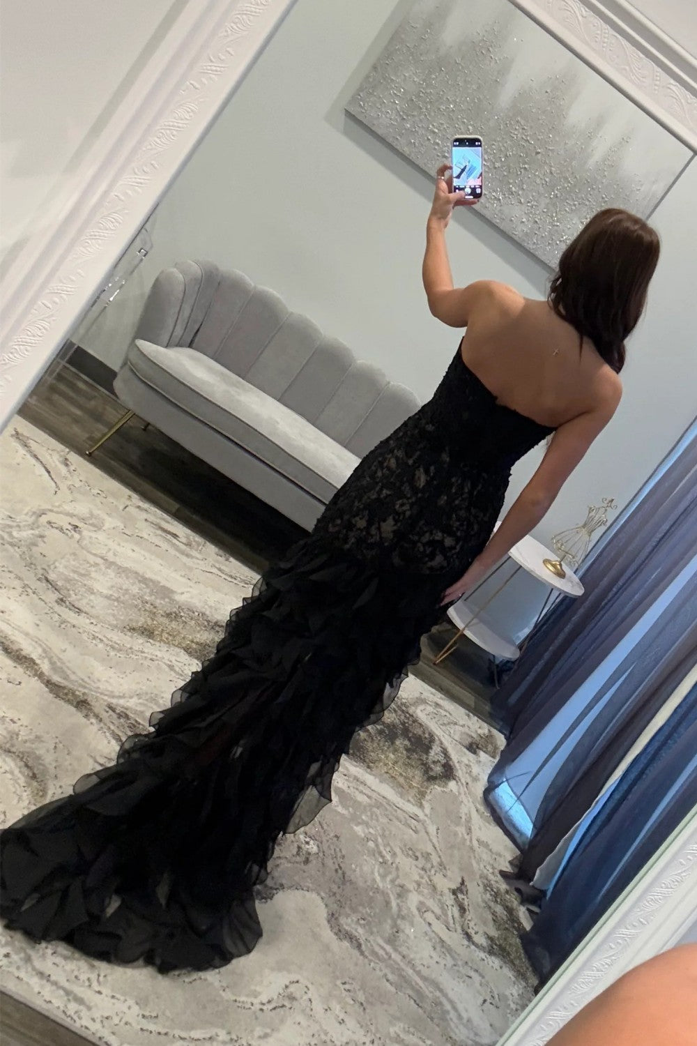 Gorgeous Mermaid Sweetheart Black Long Prom Dress with Appliques Ruffles