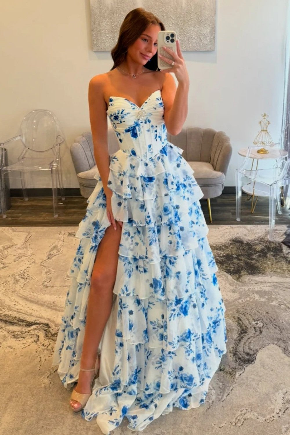 Gorgeous A Line Sweetheart Blue Corset Prom Dress with Ruffles
