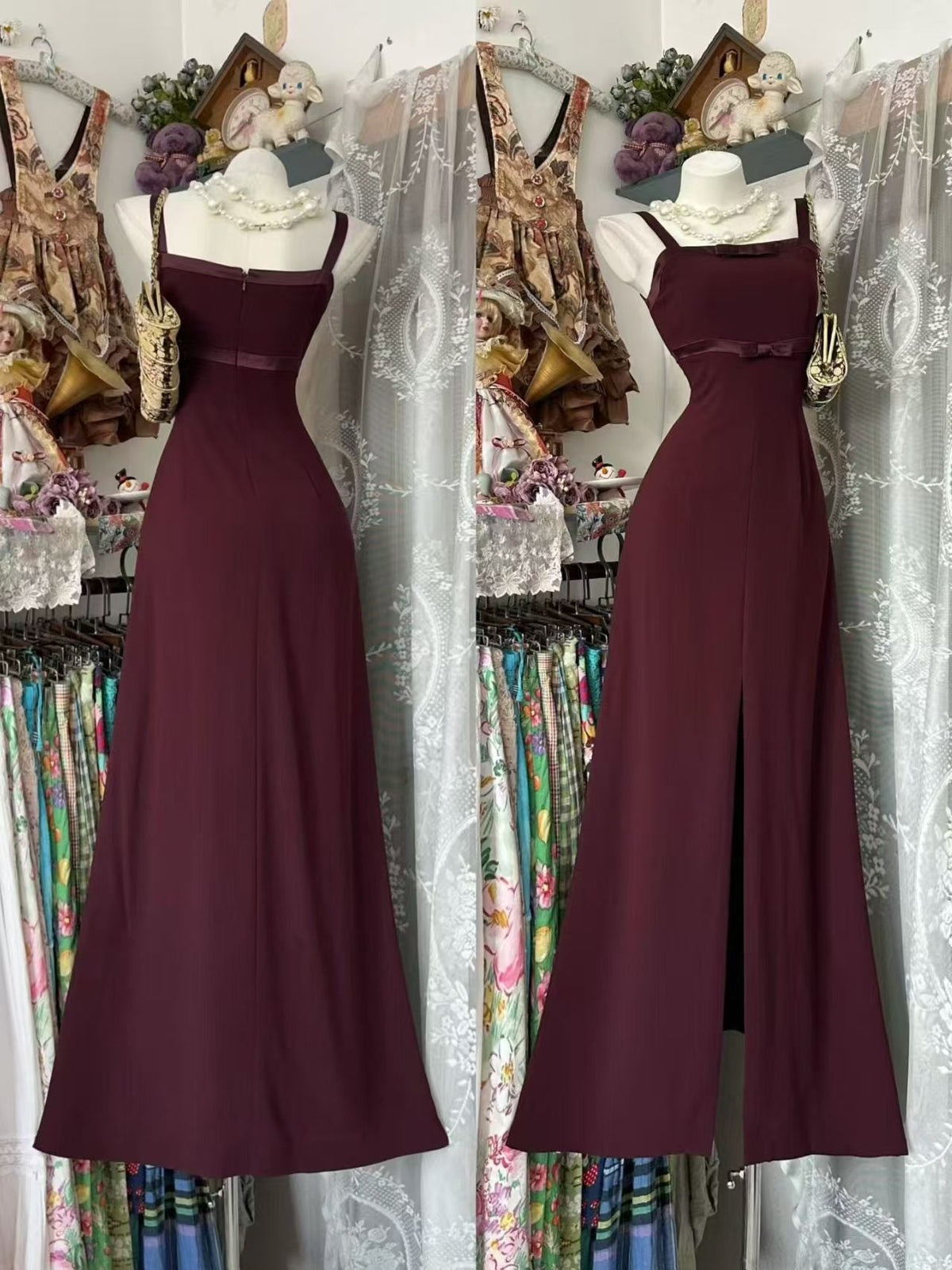 Elegant Burgundy Chiffon Formal Prom Dress Retro Evening Dress