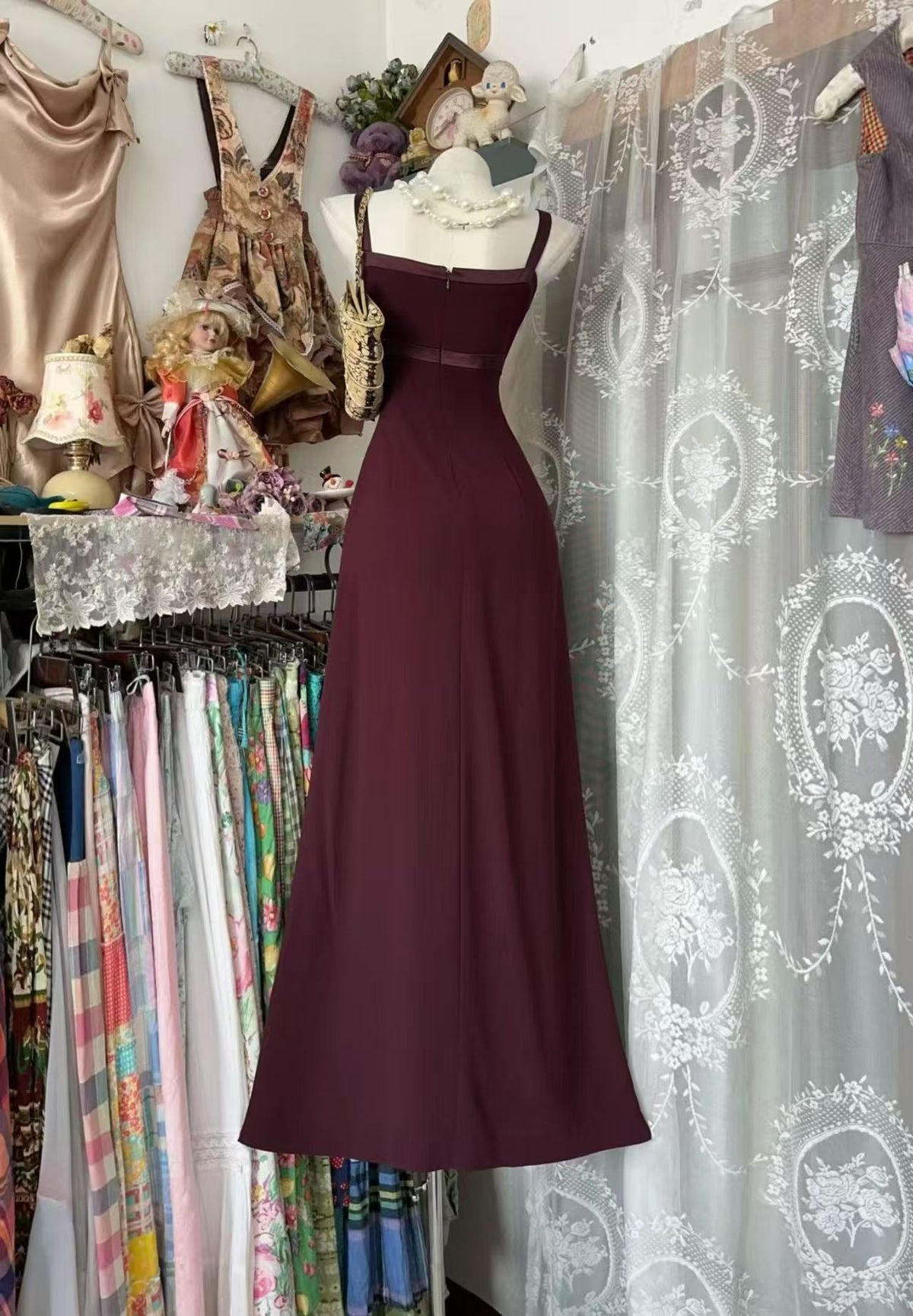 Elegant Burgundy Chiffon Formal Prom Dress Retro Evening Dress