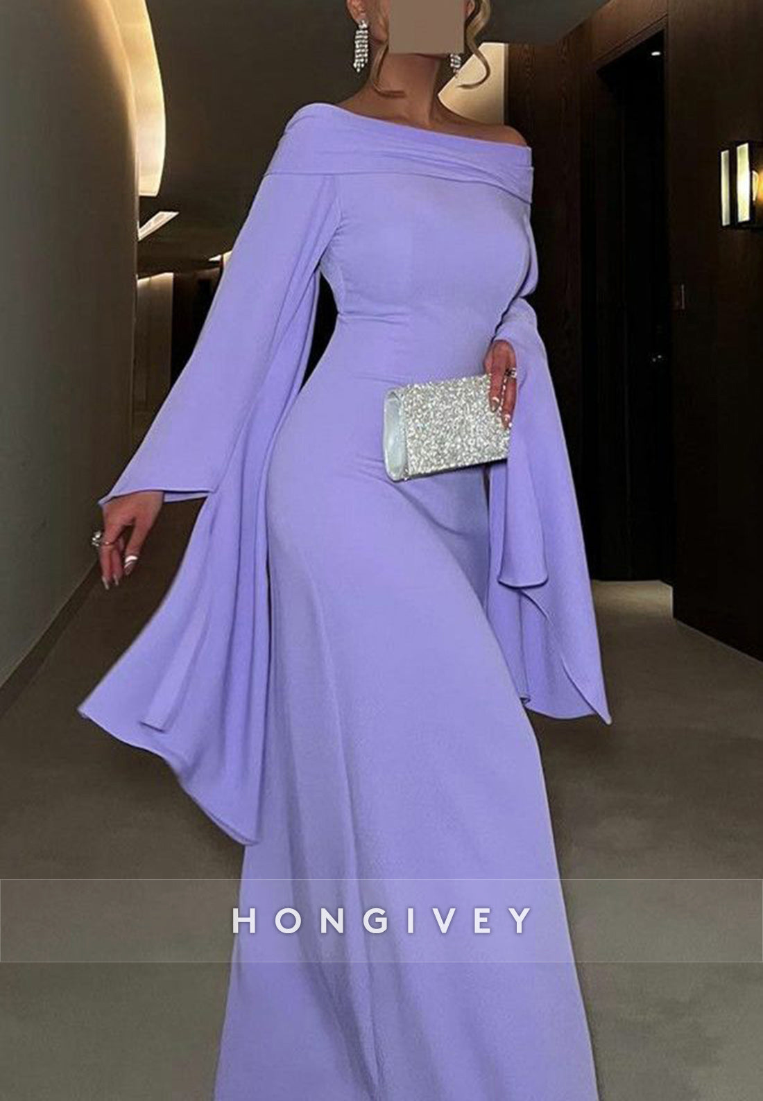Column Floor-Length Off the Shoulder Long Sleeves Formal Evening Dresses