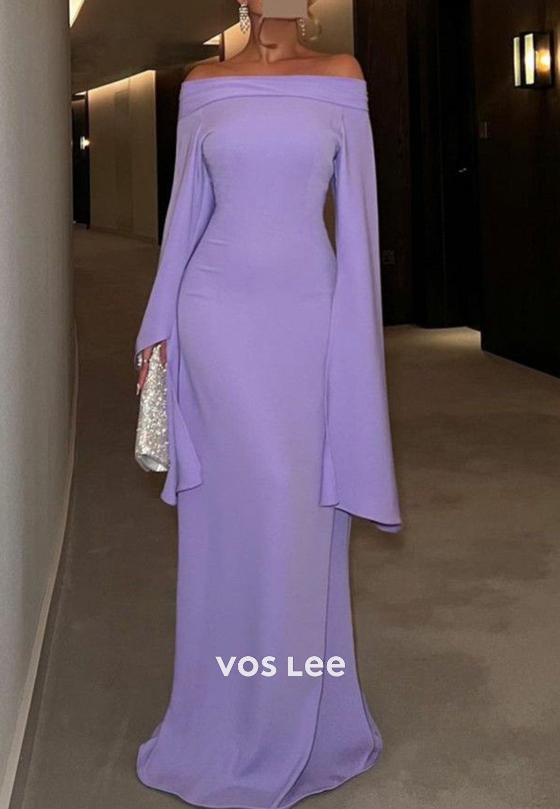 Column Floor-Length Off the Shoulder Long Sleeves Formal Evening Dresses