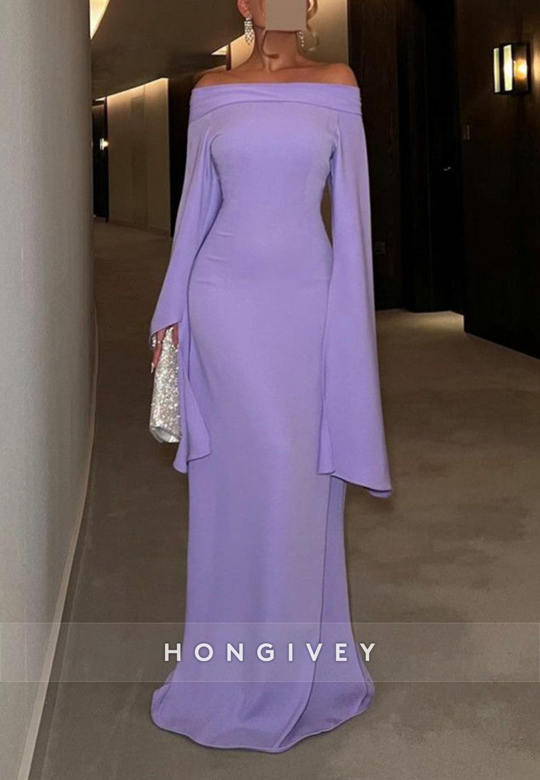 Column Floor-Length Off the Shoulder Long Sleeves Formal Evening Dresses