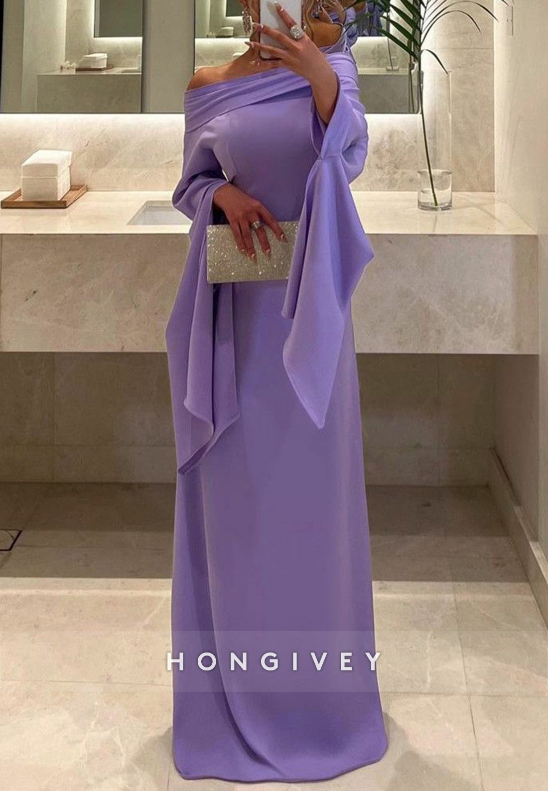 Column Floor-Length Off the Shoulder Long Sleeves Formal Evening Dresses