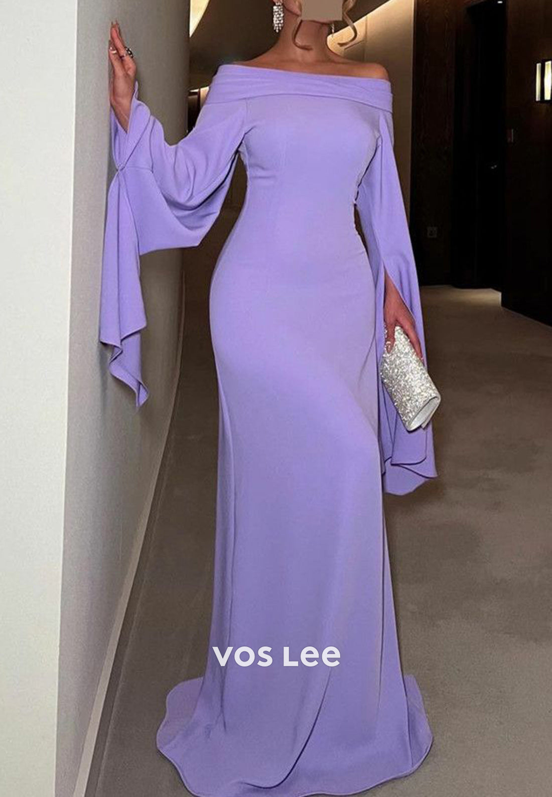 Column Floor-Length Off the Shoulder Long Sleeves Formal Evening Dresses