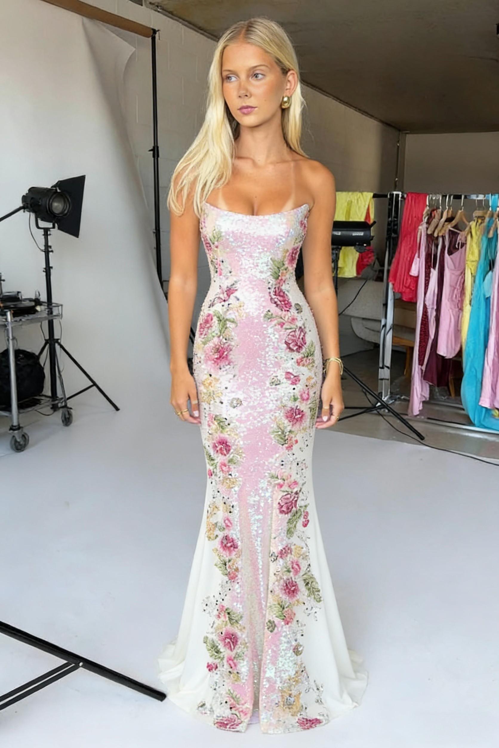 Sparkly Mermaid Strapless Floral Pink Sequin Prom Dress with Embroidery