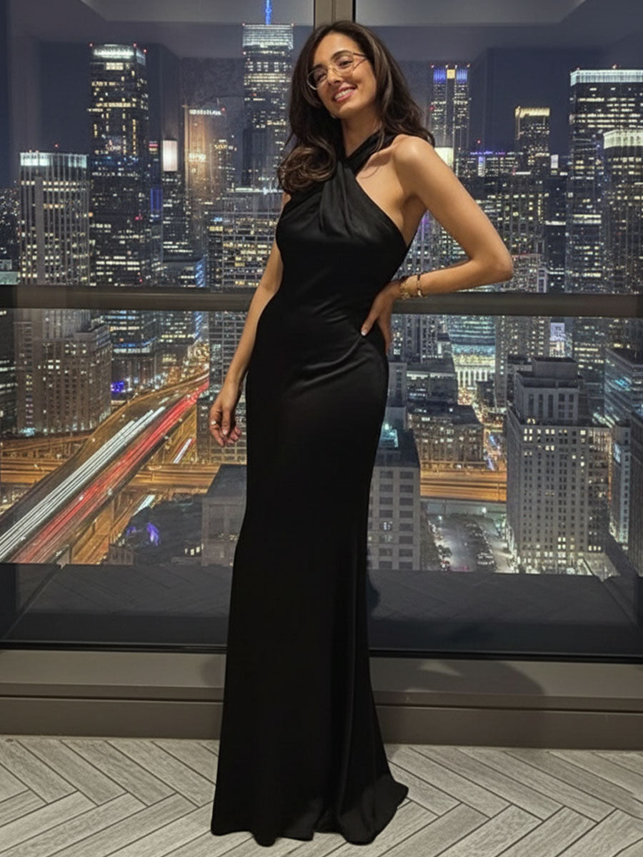 Elegant Halter Neck Satin Formal Maxi Dress