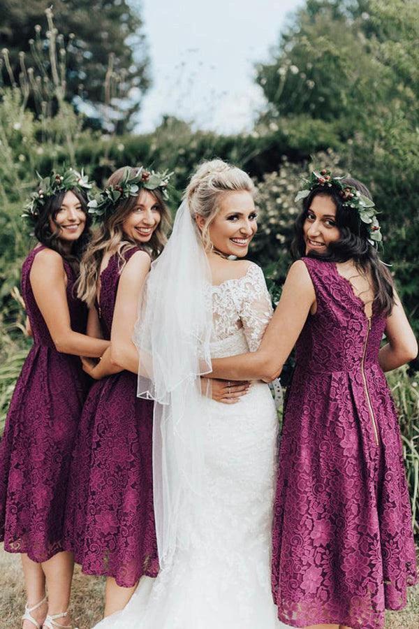 Elegant Lace V-Neckline Tea-length A-line Bridesmaid Dress (ZD13267)