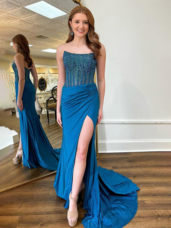 Dark Blue Mermaid Strapless Glitter Top Long Satin Prom Dress with Slit - FashionDia