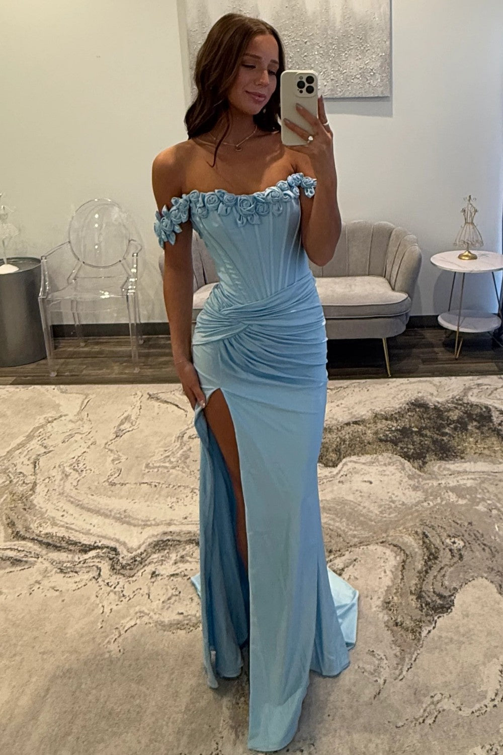 Chic Mermaid Off-the-Shoulder Blue Corset Prom Dress with 3D Flowers - FashionDia