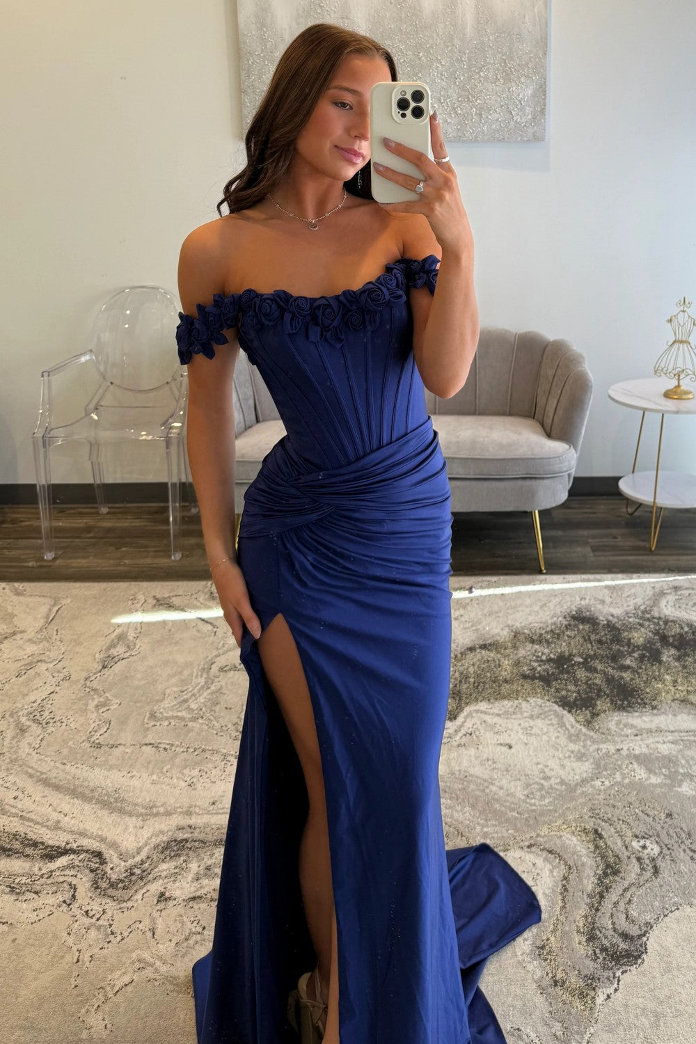 Chic Mermaid Off the Shoulder Blue Corset Prom Dress with 3D Flowers