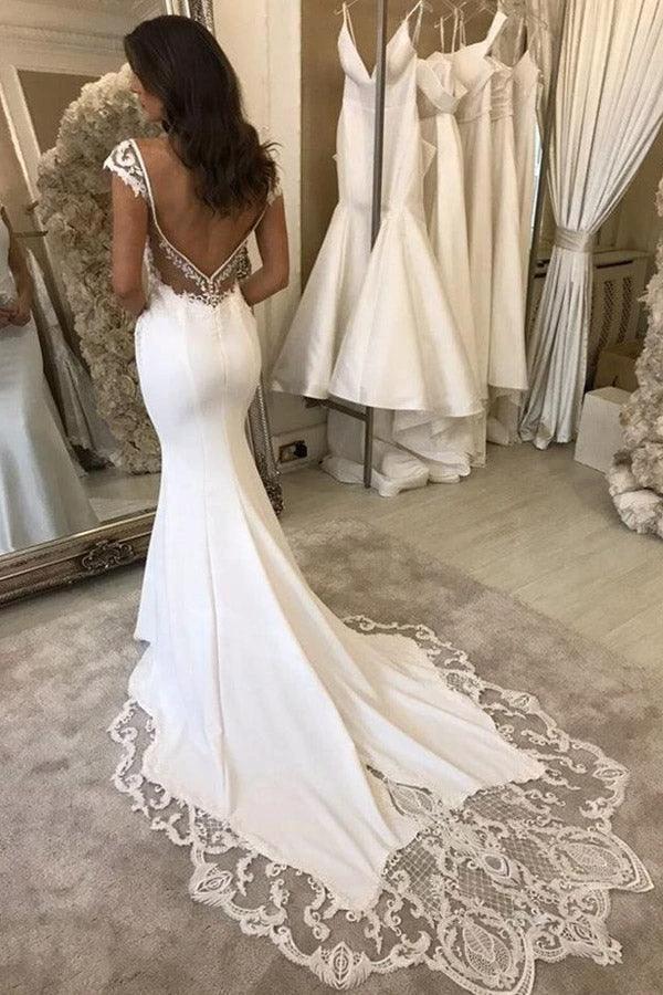 Elegant Mermaid Cap Sleeve V Neck Satin Wedding Dress With Lace Appliques (ZD16217)