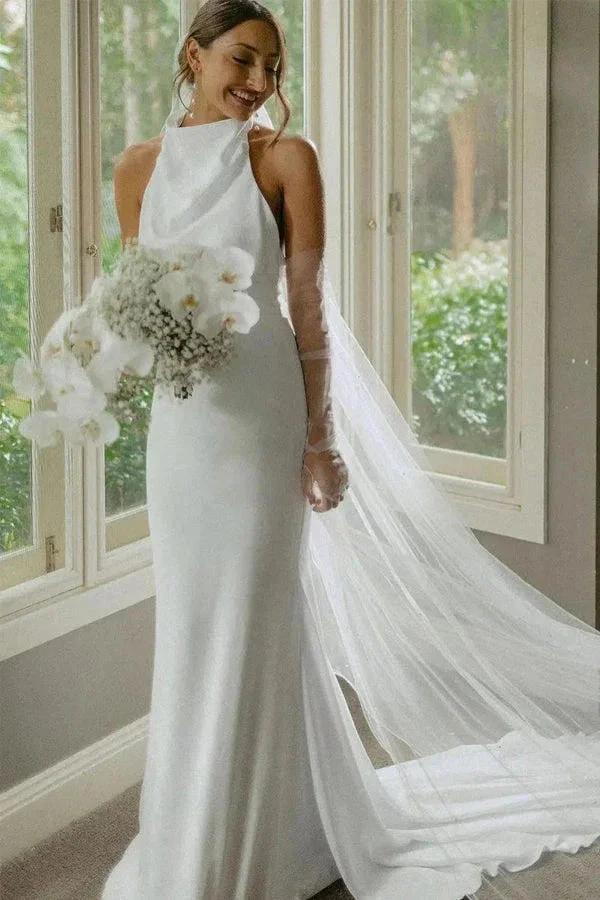 Elegant Mermaid Halter Modest Wedding Dress Simple Bridal Gown WD738 by pgmdress