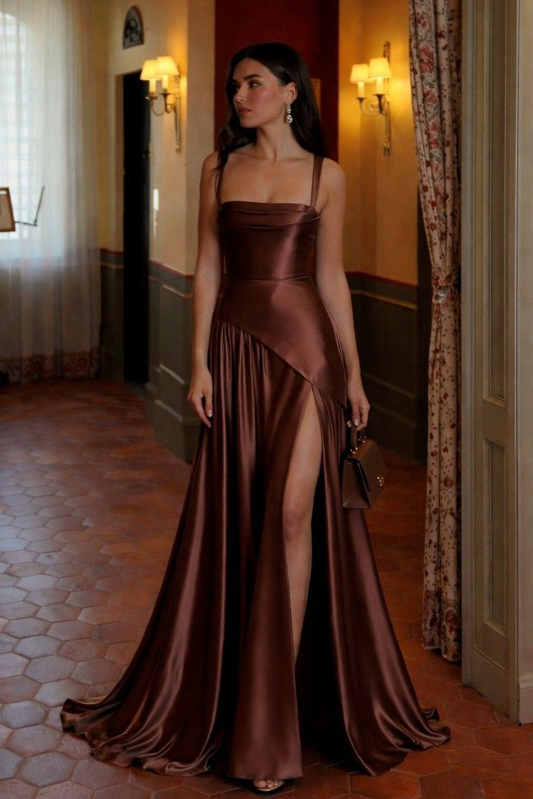 Elegant Mermaid Spaghetti Straps Dark Brown Long Prom Dress with Ruffles - FashionDia