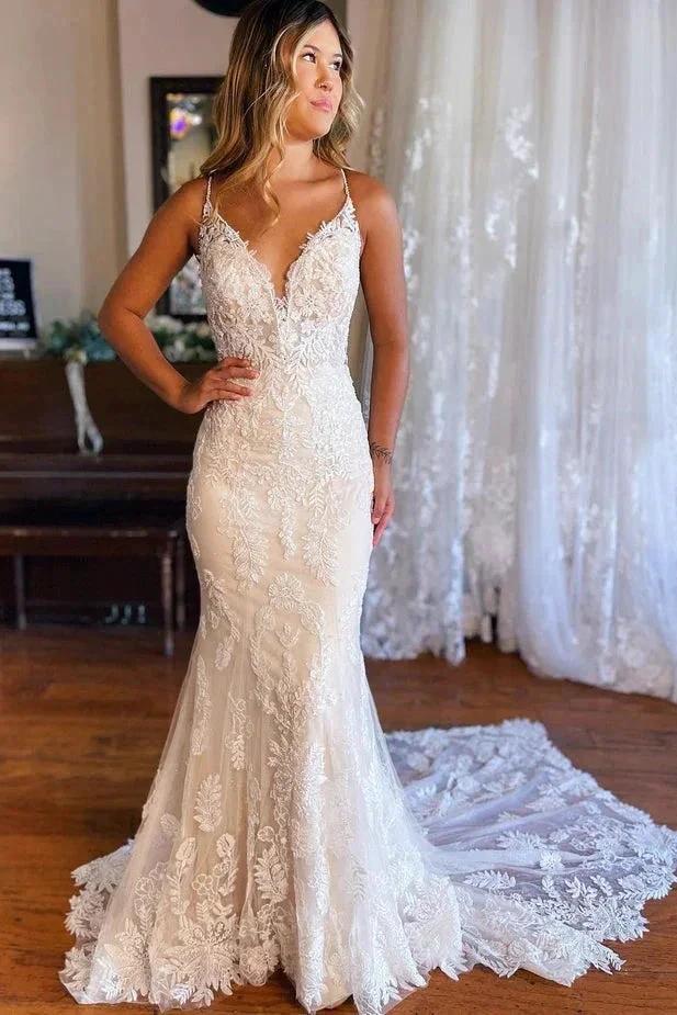 Elegant Mermaid V Neck Lace Bohemian Wedding Dresses with Court Train WD682 by pgmdress