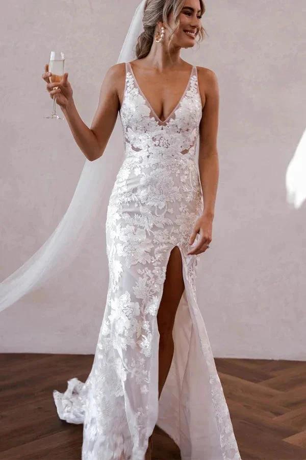 Elegant Mermaid V Neck Lace Boho Wedding Dresses with Slit WD679 by pgmdress